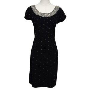 VINTAGE Gene Shelly Dress Womens‎ 10 Black Beaded Wool Knit Scoop Neck 60s